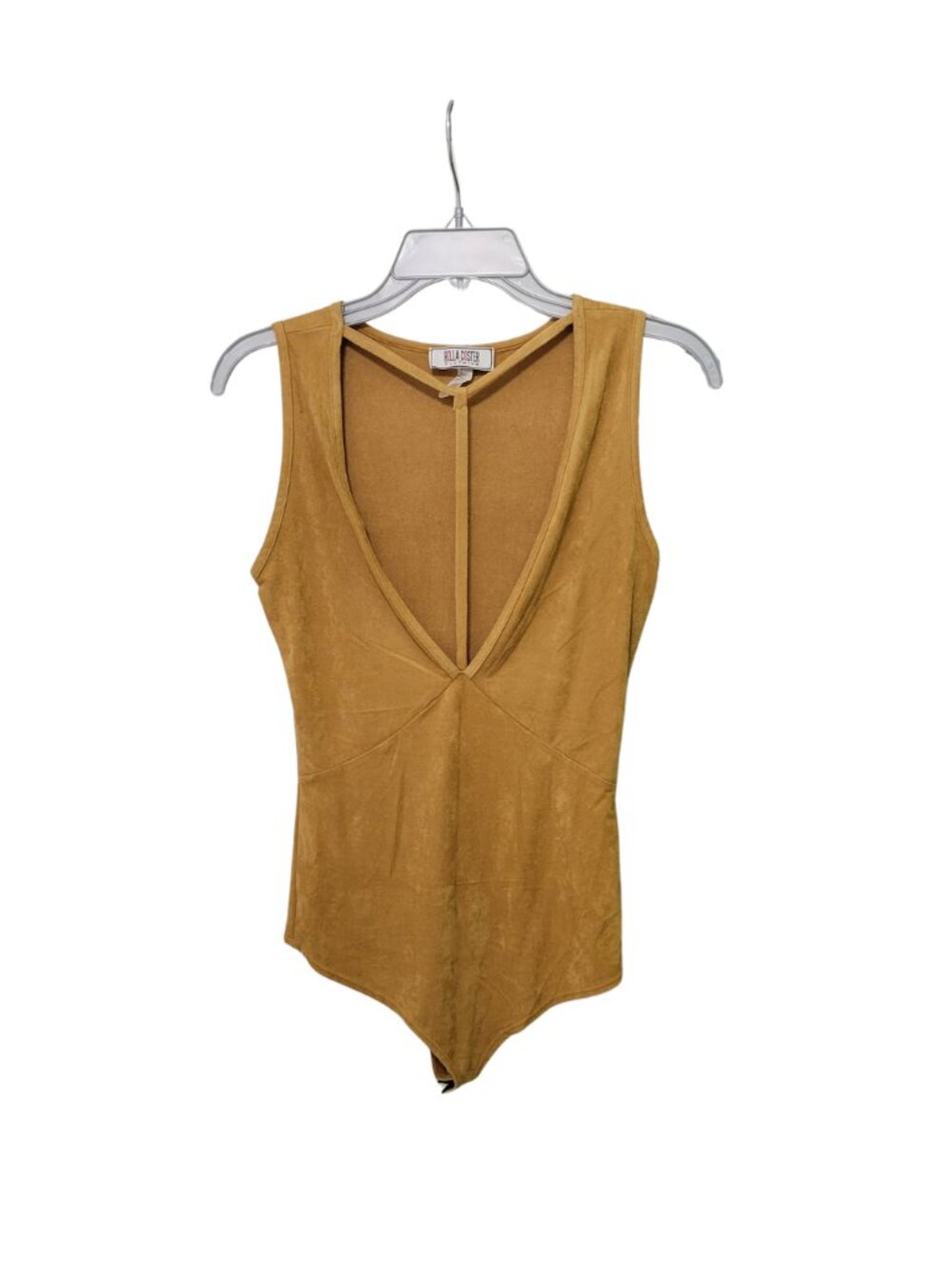 Deep V-neck cage-strap bodysuit - faux-suede, tan color | Small